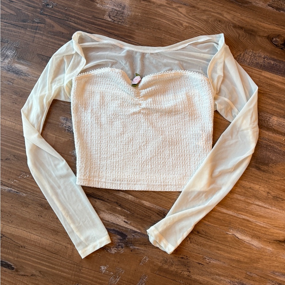 Sheer Long-Sleeve White Crop Top with Textured Bodice